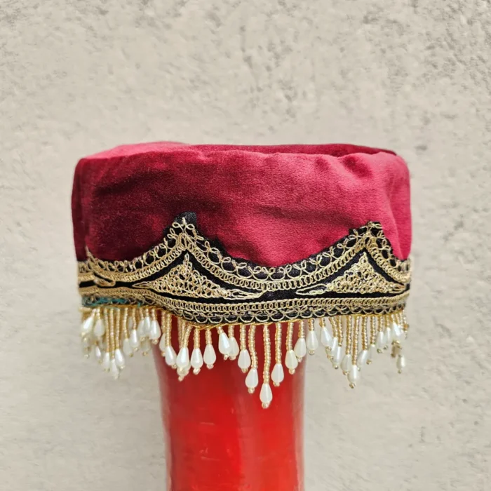 Mahi Gul Kashmiri Bridal Maroon Velvet Cap with Tilla Embroidery
