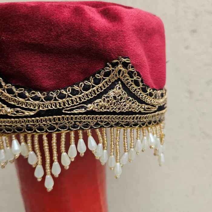 Mahi Gul Kashmiri Bridal Maroon Velvet Cap with Tilla Embroidery - Image 2