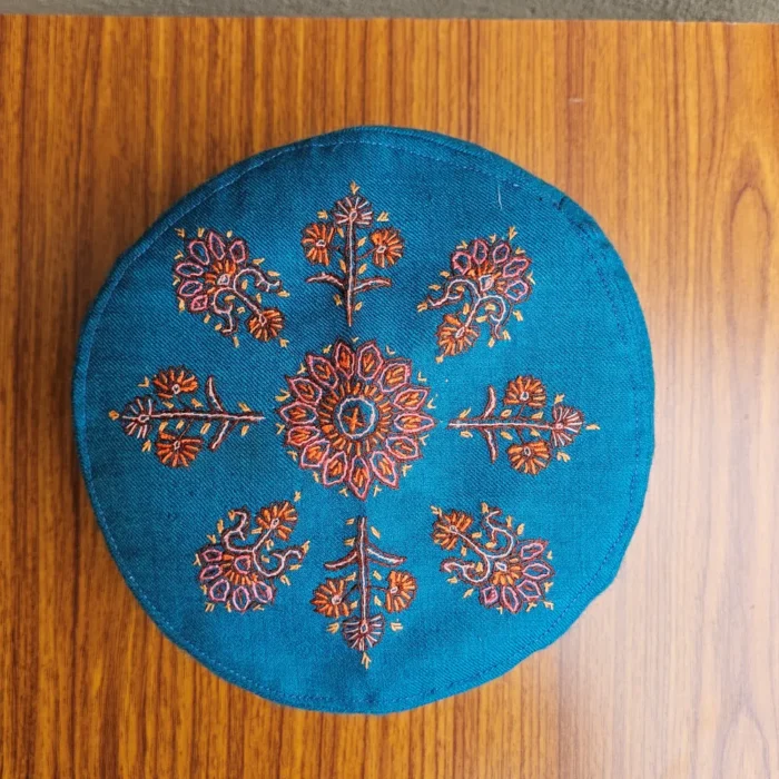 Rehmat-e-Sehar Sea Green Kashmiri Hand Sozni Embroidered Toosha Cap - Image 3