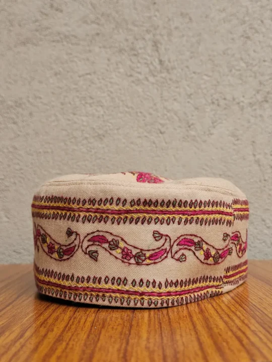 Noore-Khaas Bush Brown Kashmiri Toosha Cap with Hand Sozni Embroidery