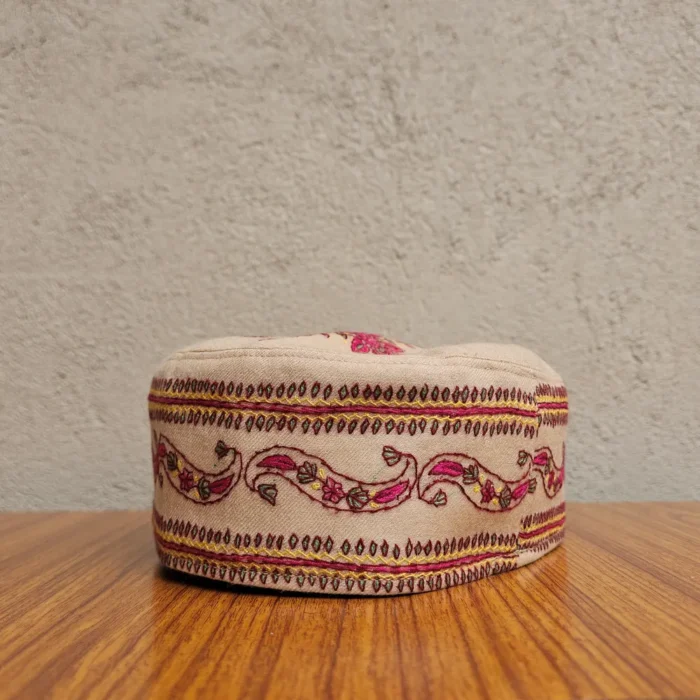 Noore-Khaas Bush Brown Kashmiri Toosha Cap with Hand Sozni Embroidery