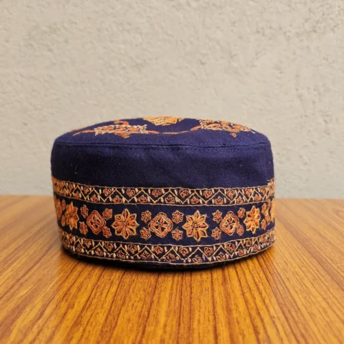 Aabroo-e-Gul Indigo Blue Toosha Cap with Kashmiri Hand Sozni Embroidery