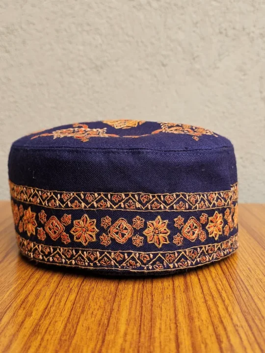 Aabroo-e-Gul Indigo Blue Toosha Cap with Kashmiri Hand Sozni Embroidery