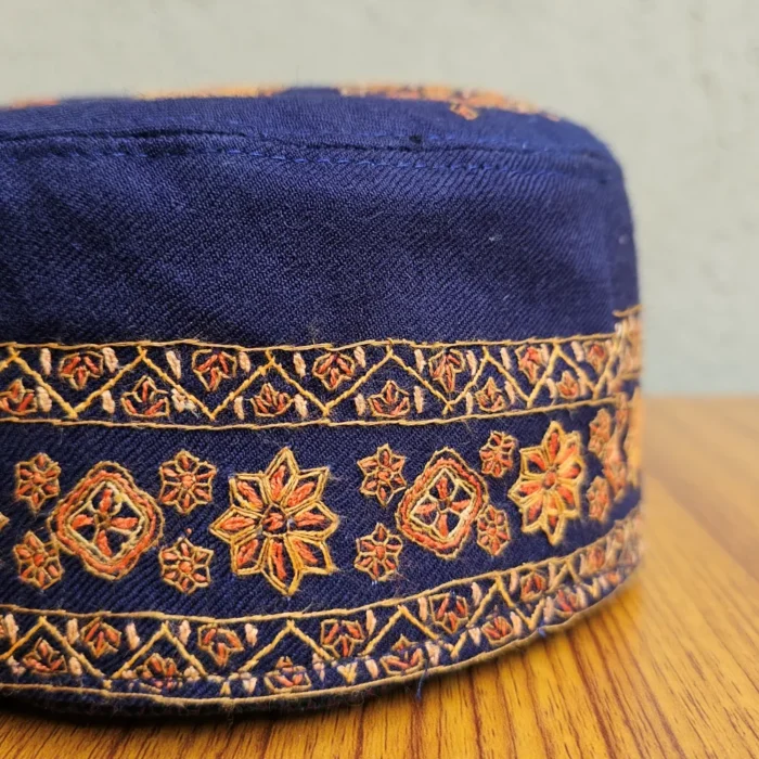 Aabroo-e-Gul Indigo Blue Toosha Cap with Kashmiri Hand Sozni Embroidery - Image 2