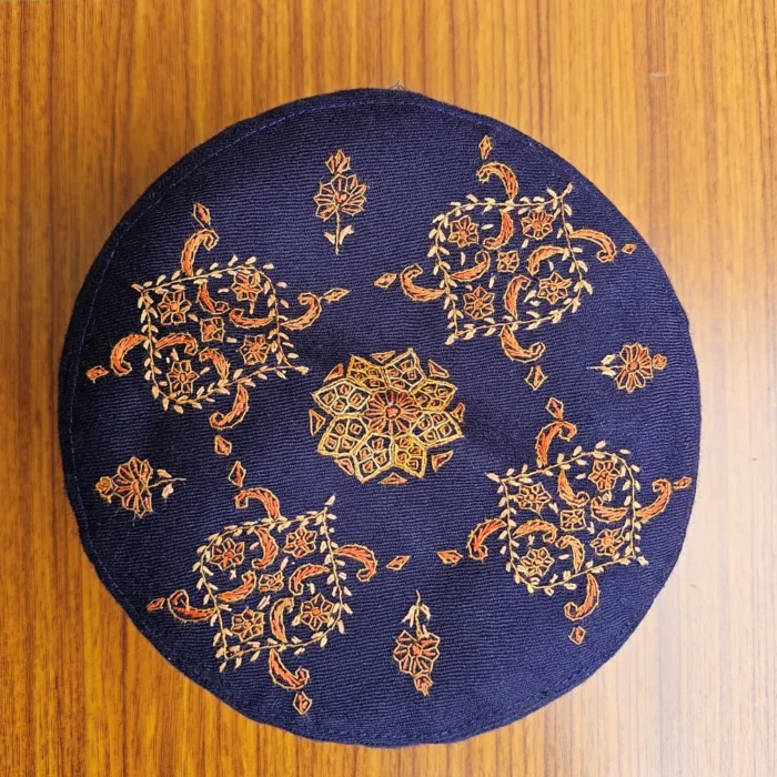 Aabroo-e-Gul Indigo Blue Toosha Cap with Kashmiri Hand Sozni Embroidery - Image 3