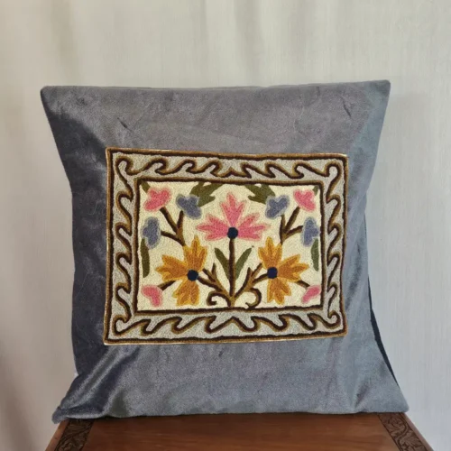 Velvet Grey Cushion Cover with Wool Chain Stitch Hand Embroidery | Set of 2 (16x16)