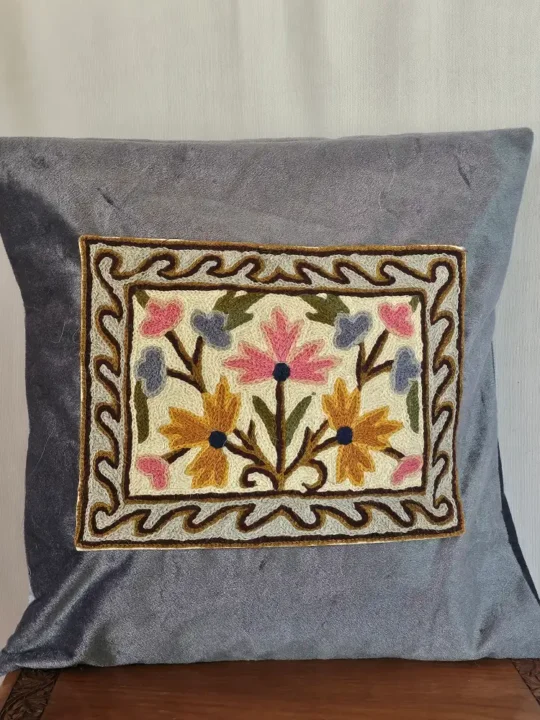 Velvet Grey Cushion Cover with Wool Chain Stitch Hand Embroidery | Set of 2 (16x16)