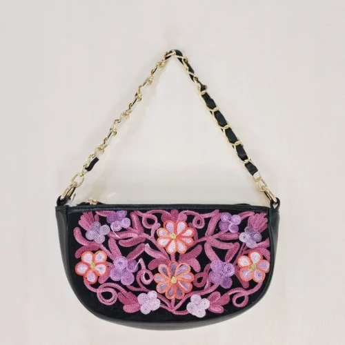 Kashmiri Aari Embroidered Black Clutch Bag with Chain - Pahalgam Collection