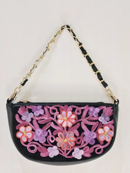 Kashmiri Aari Embroidered Black Clutch Bag with Chain - Pahalgam Collection
