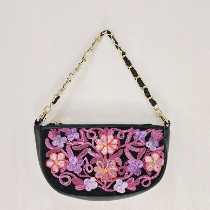 Kashmiri Aari Embroidered Black Clutch Bag with Chain - Pahalgam Collection