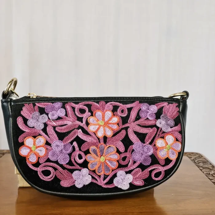 Kashmiri Aari Embroidered Black Clutch Bag with Chain - Pahalgam Collection - Image 2