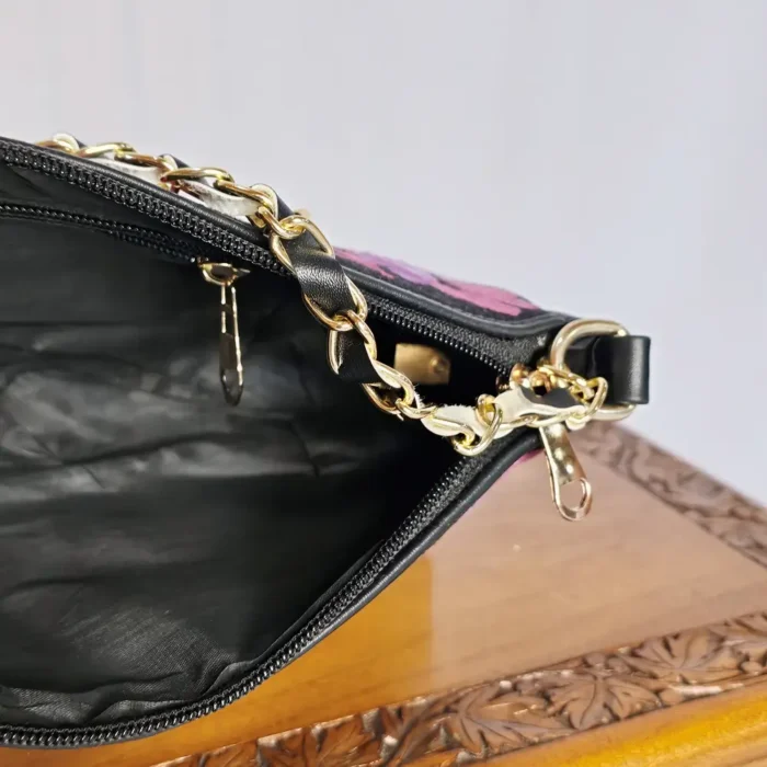 Kashmiri Aari Embroidered Black Clutch Bag with Chain - Pahalgam Collection - Image 4