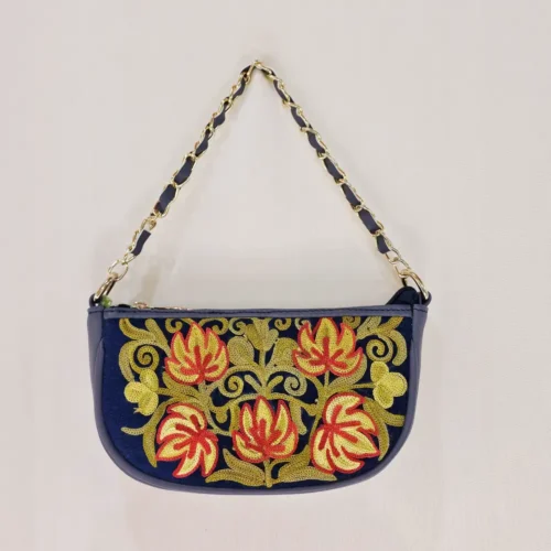 Elegant Dark Blue Kashmiri Clutch with Aari Work and Chain - Pahalgam Collection