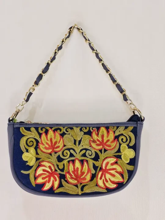 Elegant Dark Blue Kashmiri Clutch with Aari Work and Chain - Pahalgam Collection