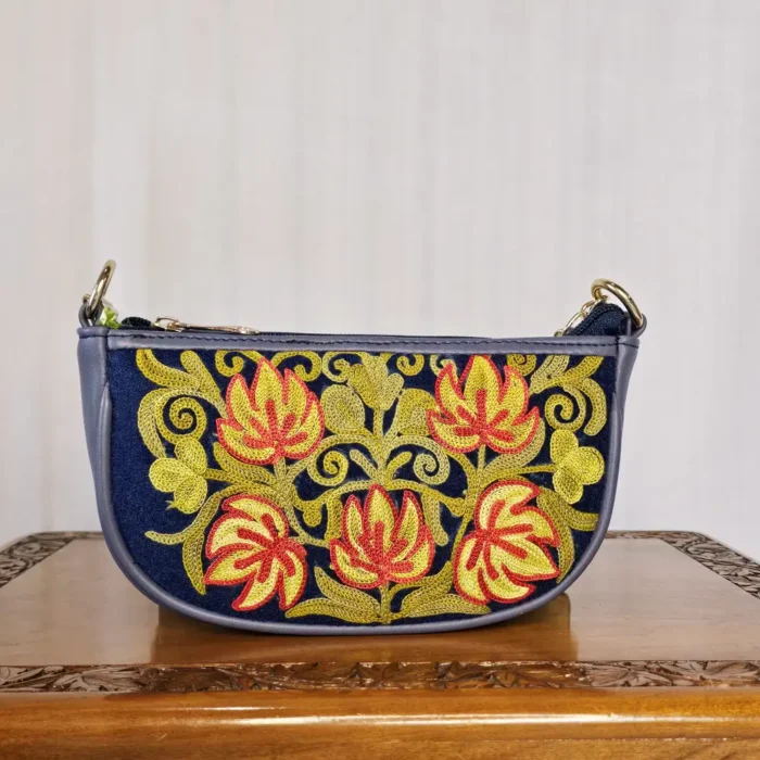 Elegant Dark Blue Kashmiri Clutch with Aari Work and Chain - Pahalgam Collection - Image 2