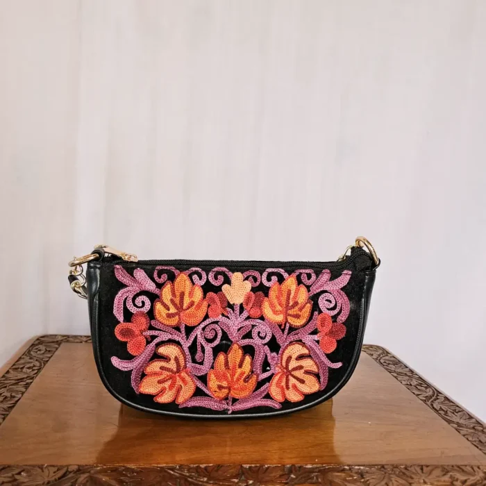 Kashmiri Black Aari Embroidered Clutch with Chain - Pahalgam Collection - Image 4