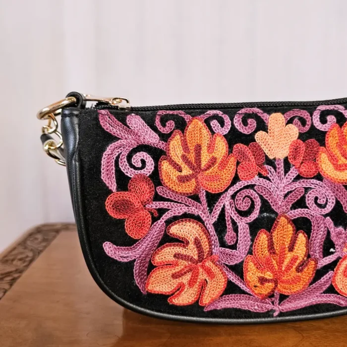 Kashmiri Black Aari Embroidered Clutch with Chain - Pahalgam Collection - Image 2