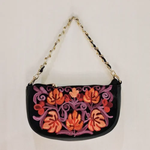 Kashmiri Black Aari Embroidered Clutch with Chain - Pahalgam Collection