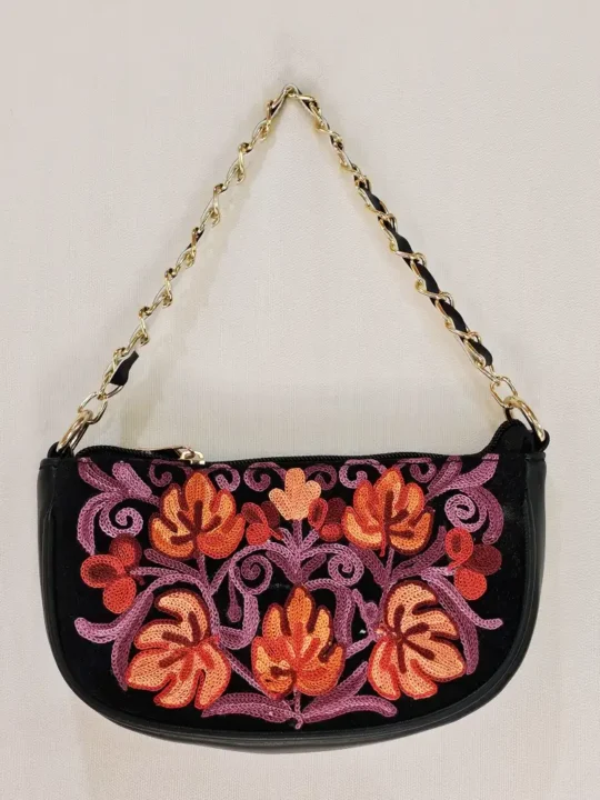 Kashmiri Black Aari Embroidered Clutch with Chain - Pahalgam Collection