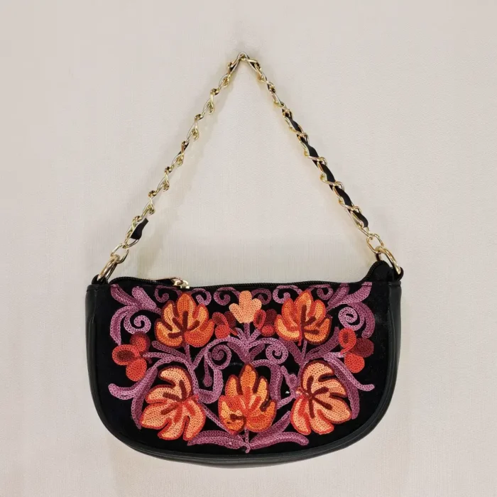 Kashmiri Black Aari Embroidered Clutch with Chain - Pahalgam Collection