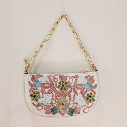 White Kashmiri Clutch with Aari Detail and Chain - Pahalgam Collection
