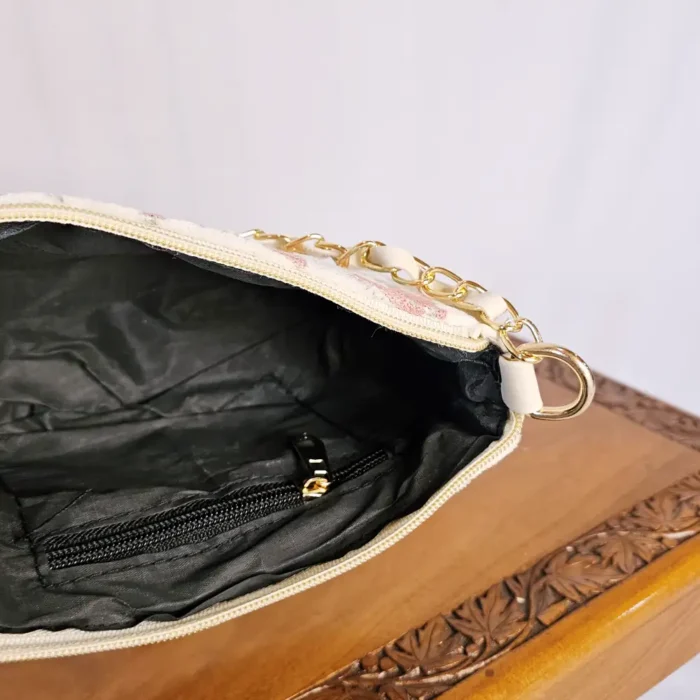 White Kashmiri Clutch with Aari Detail and Chain - Pahalgam Collection - Image 4