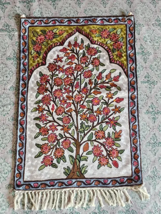 Hand Chain Stitch Embroidered Dusooty Cotton Wall Hanging from Srinagar (3x2 ft)