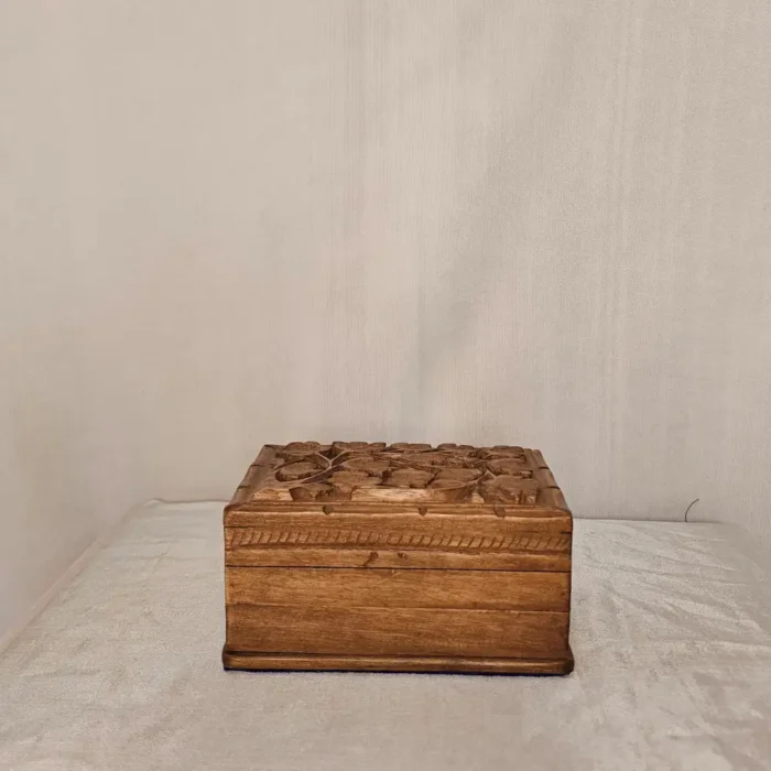 Kashmiri Walnut Wood Box with Hand-Carved Floral Detail