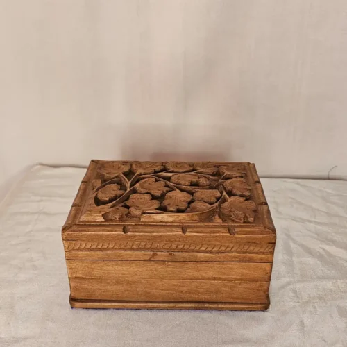 Kashmiri Walnut Wood Box with Hand-Carved Floral Detail