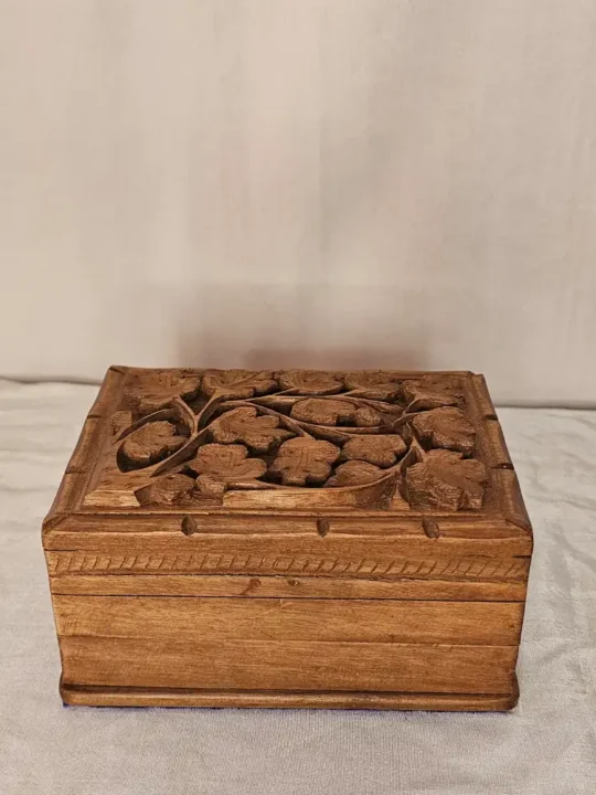 Kashmiri Walnut Wood Box with Hand-Carved Floral Detail
