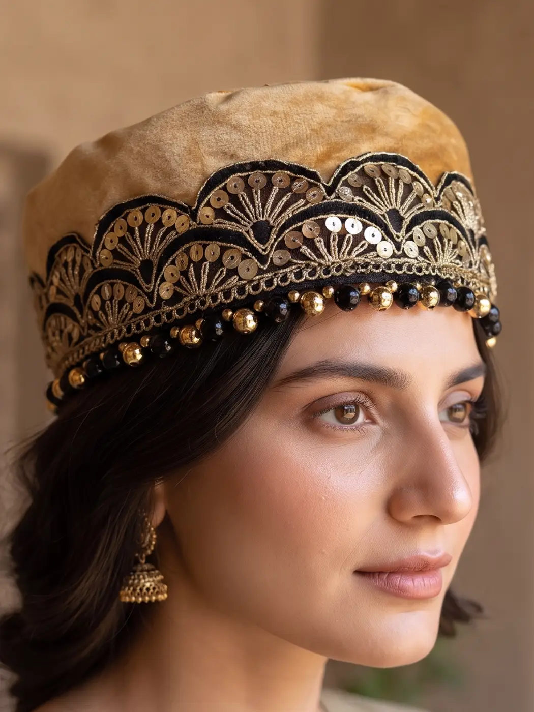 Shaam-e-Gul Light Brown Velvet Kashmiri Cap for Woman with Tilla Design