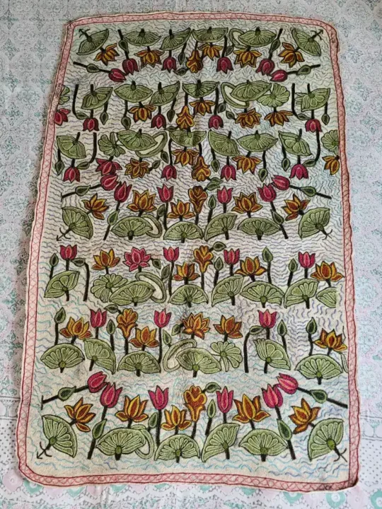 Cream Wool Namda Rug - Premium Floating Lotus Garden with Dal Lake Waves Design | 6x4 ft | Hand Aari Emb
