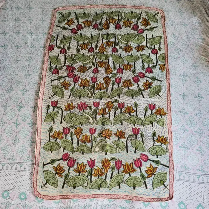 Cream Wool Namda Rug - Premium Tulip Garden Design | 6x4 ft | Hand Aari Work