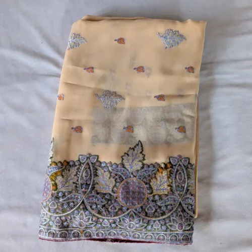 Sozni Embroidered Peach Georgette Saree from Srinagar | Lal Bazaar