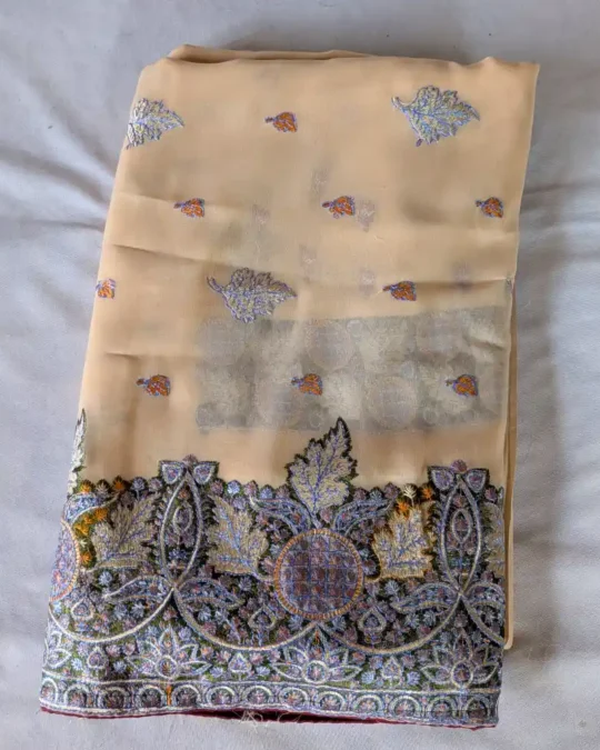 Sozni Embroidered Peach Georgette Saree from Srinagar | Lal Bazaar