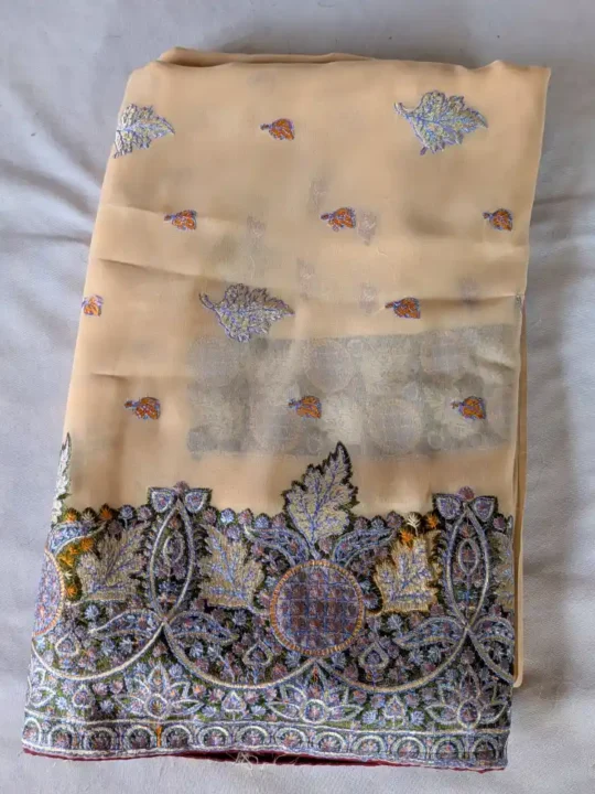 Sozni Embroidered Peach Georgette Saree from Srinagar | Lal Bazaar