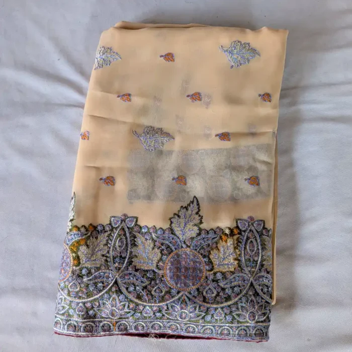 Sozni Embroidered Peach Georgette Saree from Srinagar | Lal Bazaar