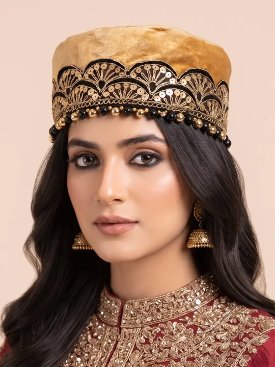 Shaam-e-Gul Light Brown Velvet Kashmiri Cap for Woman with Tilla Design