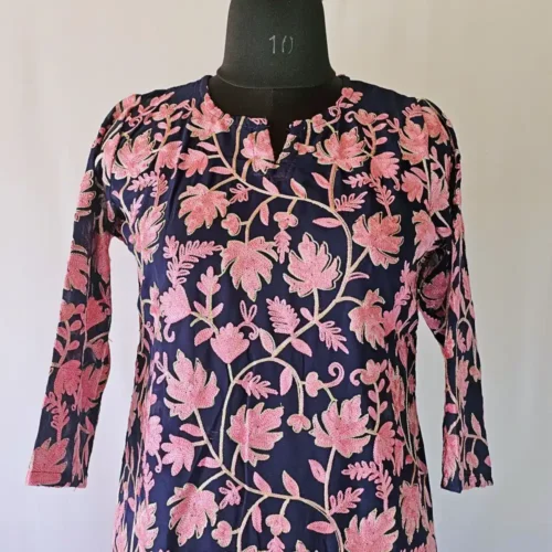 Zarposh Long Blue Kashmiri Kurti in Georgette with Pink Aari Work