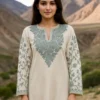 Kashmiri Long Creamy Cotton Kurti With Ari Embroidered Sleeves - Zohra