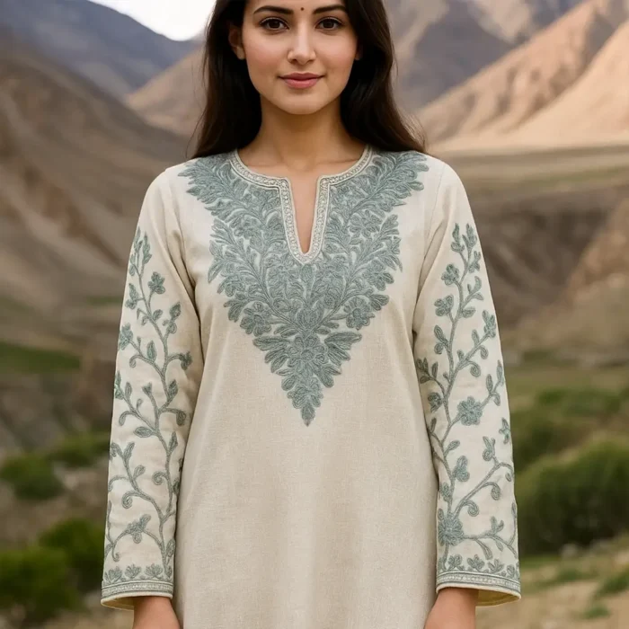 Kashmiri Long Creamy Cotton Kurti With Ari Embroidered Sleeves - Zohra