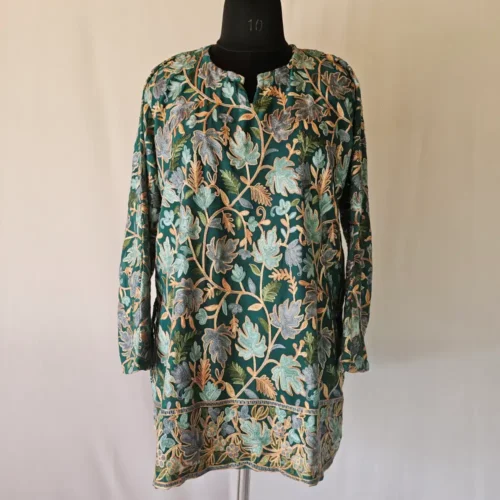 Kashmiri Short Green Nazneen Kurti in Georgette with Aari Embroidery