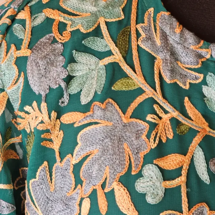 Kashmiri Short Green Nazneen Kurti in Georgette with Aari Embroidery - Image 3