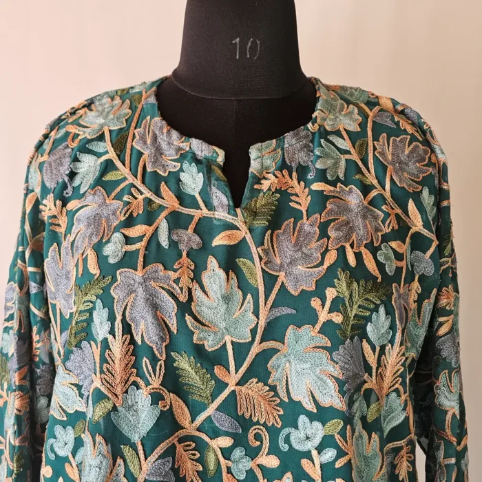 Kashmiri Short Green Nazneen Kurti in Georgette with Aari Embroidery - Image 2