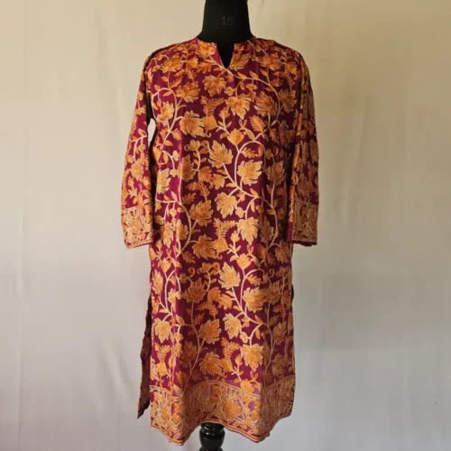 Long Magenta Aari Embroidered Kashmiri Georgette Kurti - Mehr Style