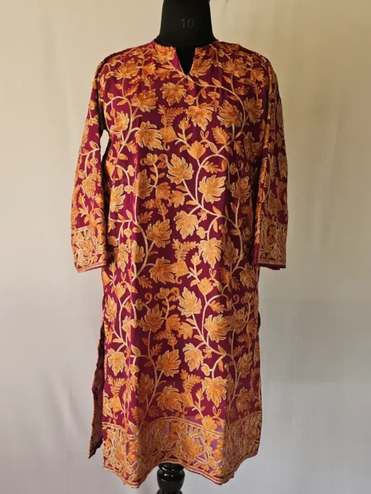 Long Magenta Aari Embroidered Kashmiri Georgette Kurti - Mehr Style