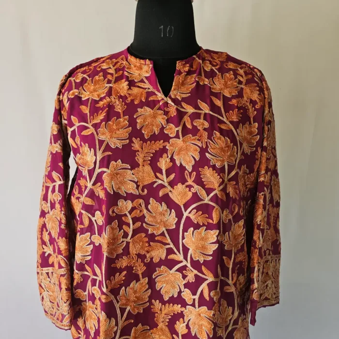 Long Magenta Aari Embroidered Kashmiri Georgette Kurti - Mehr Style - Image 2