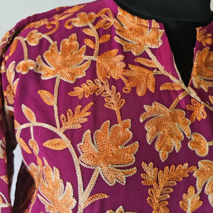 Long Magenta Aari Embroidered Kashmiri Georgette Kurti - Mehr Style - Image 3