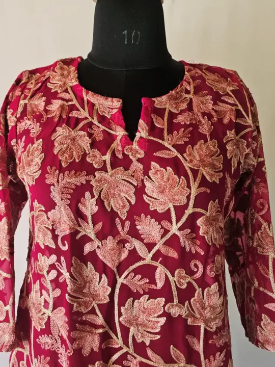 Nazneen Maroon Kashmiri Kurti with Chinari Aari Work on Georgette