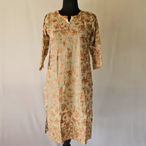 Long Kurti in Yellow Georgette with Kashmiri Aari Embroidery - Zuleikha